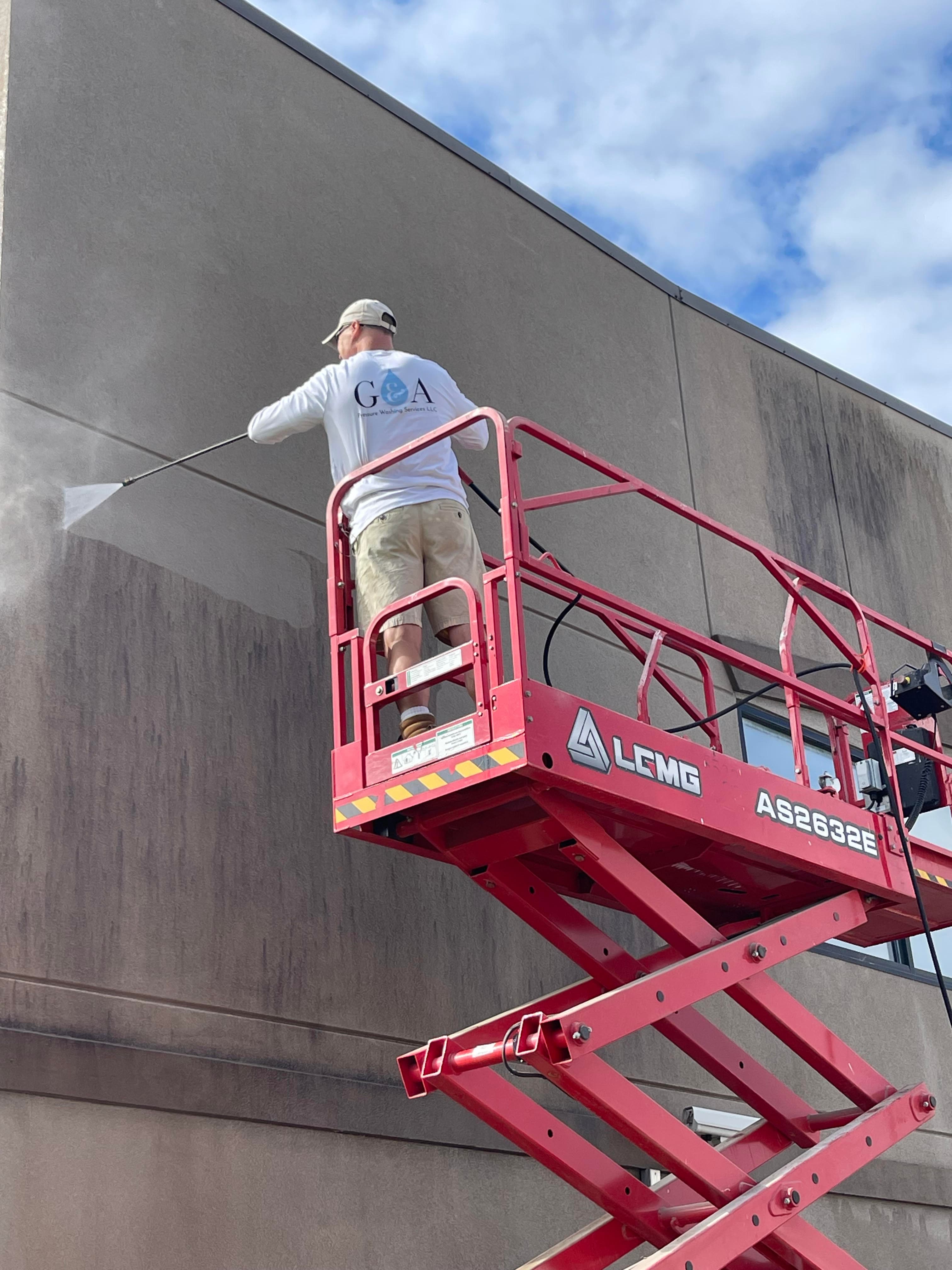 G&A professional pressure washing from industrial lift